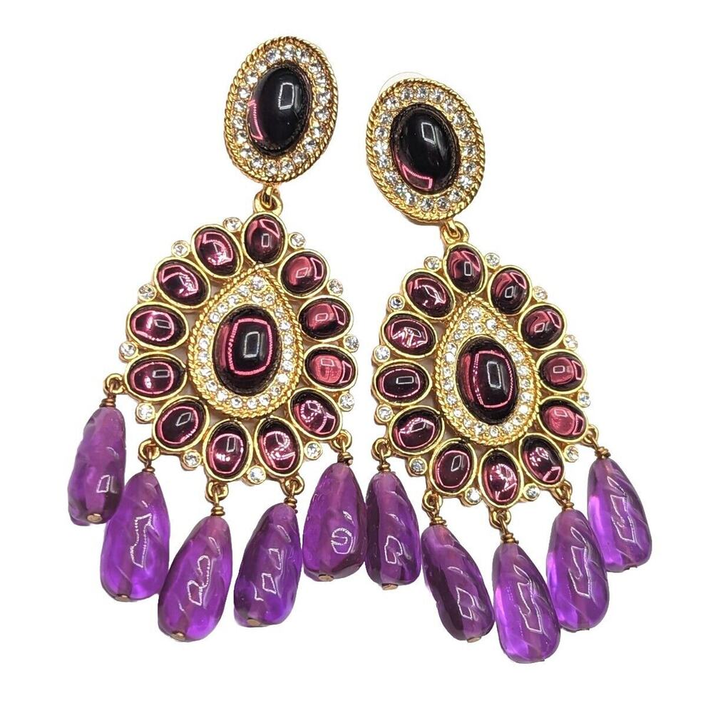 Kenneth Jay Lane KJL Couture Chandelier Statement Runway Purple Gold Earrings